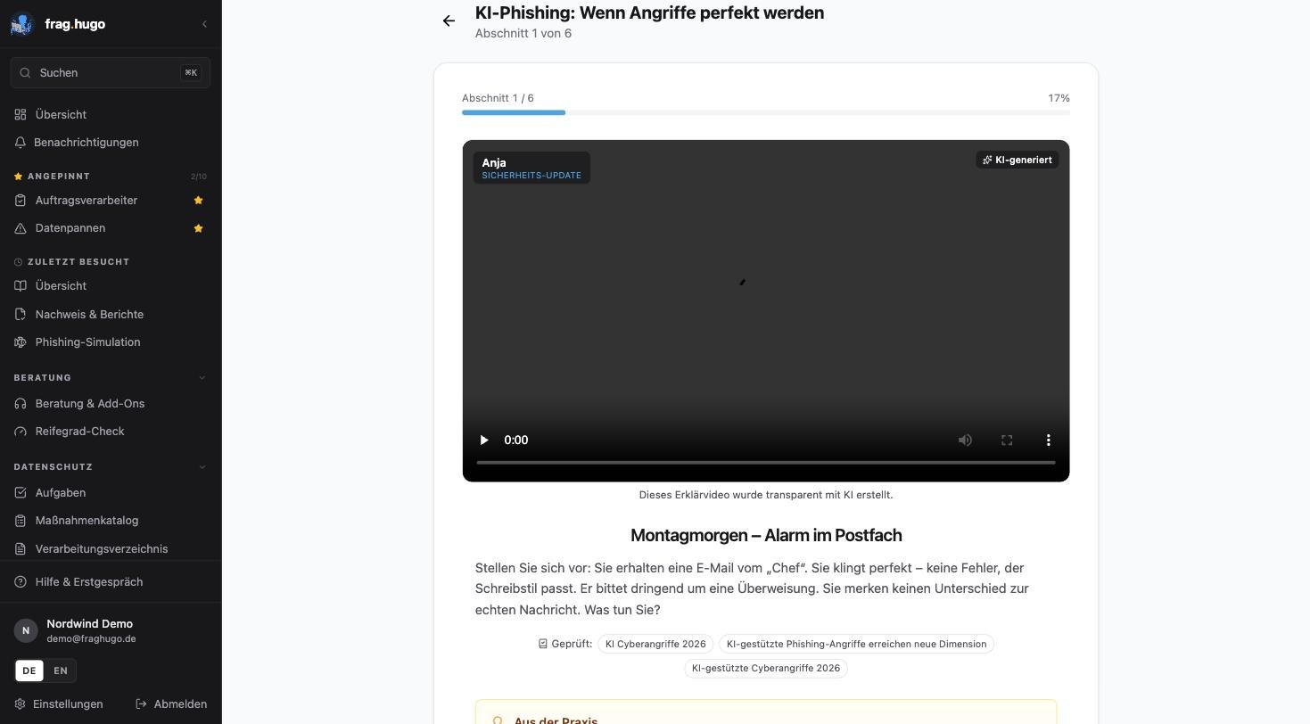 Ein Modul in der Lernansicht: Fortschrittsbalken bei Abschnitt 1 von 6, ein Erklärvideo mit der Kennzeichnung „KI-generiert“ und dem Hinweis, dass es transparent mit KI erstellt wurde, darunter der Lerntext und die geprüften Quellen als Chips.