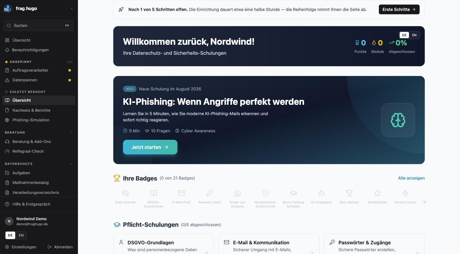Schulungsübersicht eines Mitarbeiters mit Punktestand und Fortschritt, der hervorgehobenen neuen Lektion „KI-Phishing: Wenn Angriffe perfekt werden“ vom August 2026 mit 5 Minuten und 10 Fragen, einer Badge-Reihe sowie den fünf Pflicht-Schulungen.
