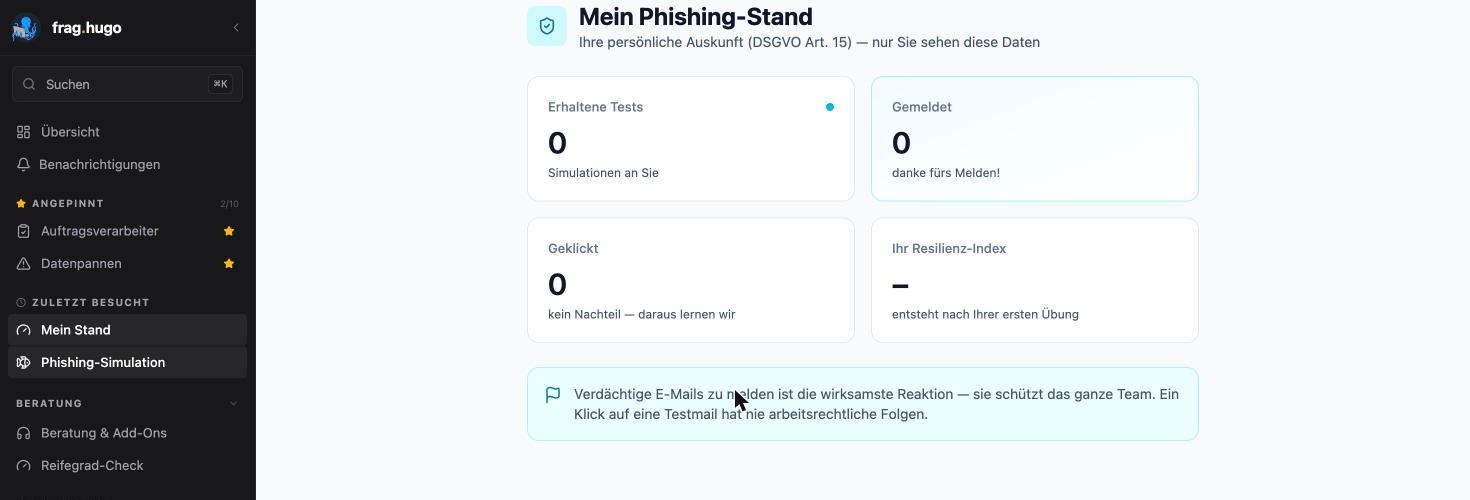 Ansicht „Mein Phishing-Stand“ mit dem Zusatz „Ihre persönliche Auskunft (DSGVO Art. 15) — nur Sie sehen diese Daten“: erhaltene Tests, gemeldet, geklickt und der eigene Resilienz-Index, dazu der Hinweis, dass ein Klick auf eine Testmail nie arbeitsrechtliche Folgen hat.