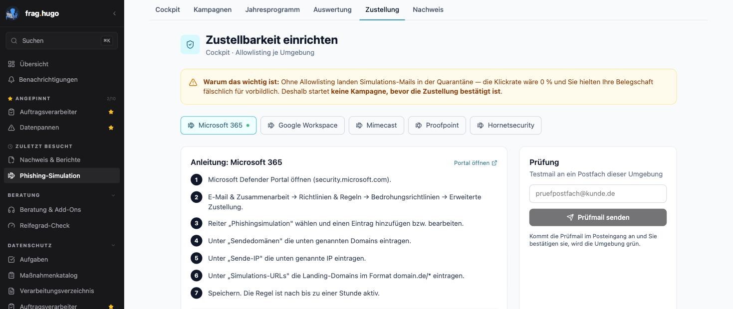 Assistent „Zustellbarkeit einrichten“ mit einer Warnung, dass ohne Allowlisting Simulations-Mails in der Quarantäne landen. Darunter Reiter für Microsoft 365, Google Workspace, Mimecast, Proofpoint und Hornetsecurity, eine siebenstufige Anleitung für Microsoft 365 und rechts das Feld für eine Prüfmail.